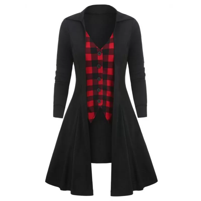 Plaid Panel Button V Neck T Shirt - Black