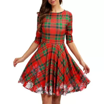 Plaid Snowflake Christmas Round Neck Dress -
