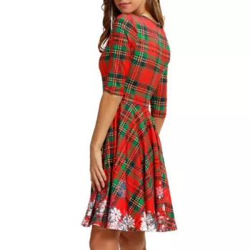 Plaid Snowflake Christmas Round Neck Dress -