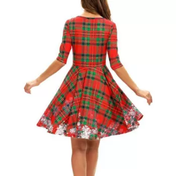 Plaid Snowflake Christmas Round Neck Dress -