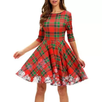 Plaid Snowflake Christmas Round Neck Dress -