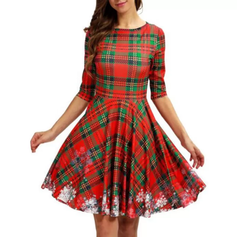Plaid Snowflake Christmas Round Neck Dress -