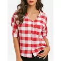 Plaid Three Quarter leeves Buttoned Pocket Blouse - Red