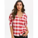Plaid Three Quarter leeves Buttoned Pocket Blouse - Red