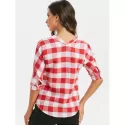Plaid Three Quarter leeves Buttoned Pocket Blouse - Red