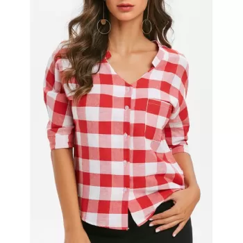 Plaid Three Quarter leeves Buttoned Pocket Blouse - Red