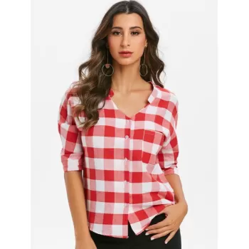 Plaid Three Quarter leeves Buttoned Pocket Blouse - Red