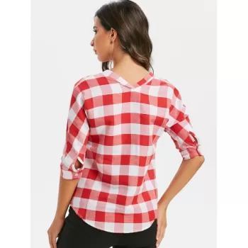 Plaid Three Quarter leeves Buttoned Pocket Blouse - Red