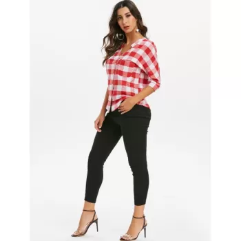 Plaid Three Quarter leeves Buttoned Pocket Blouse - Red