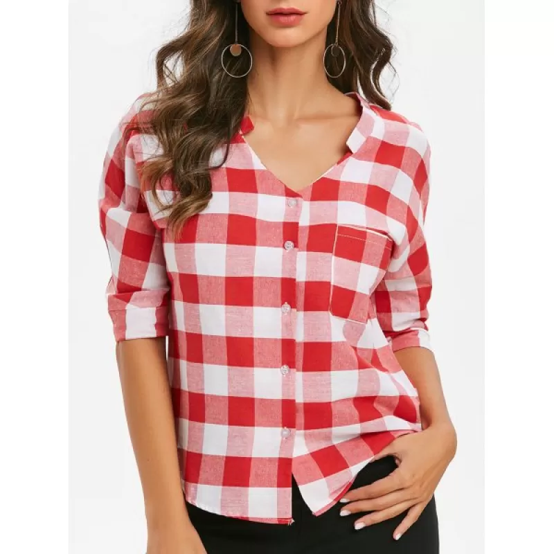 Plaid Three Quarter leeves Buttoned Pocket Blouse - Red