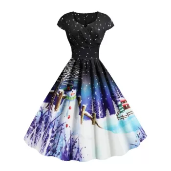 Pleated Christmas anta Claus Elk nowman Print urplice Dress - Purple Iris