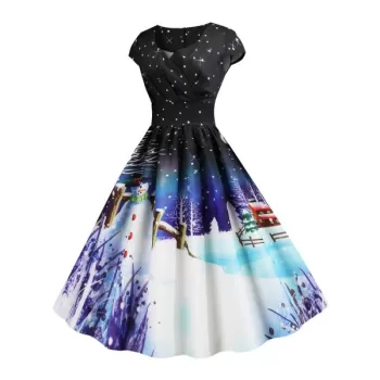 Pleated Christmas anta Claus Elk nowman Print urplice Dress - Purple Iris