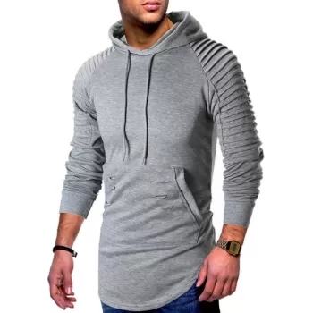 Pleated Raglan Sleeve Ripped Pullover Hoodie - Light Gray