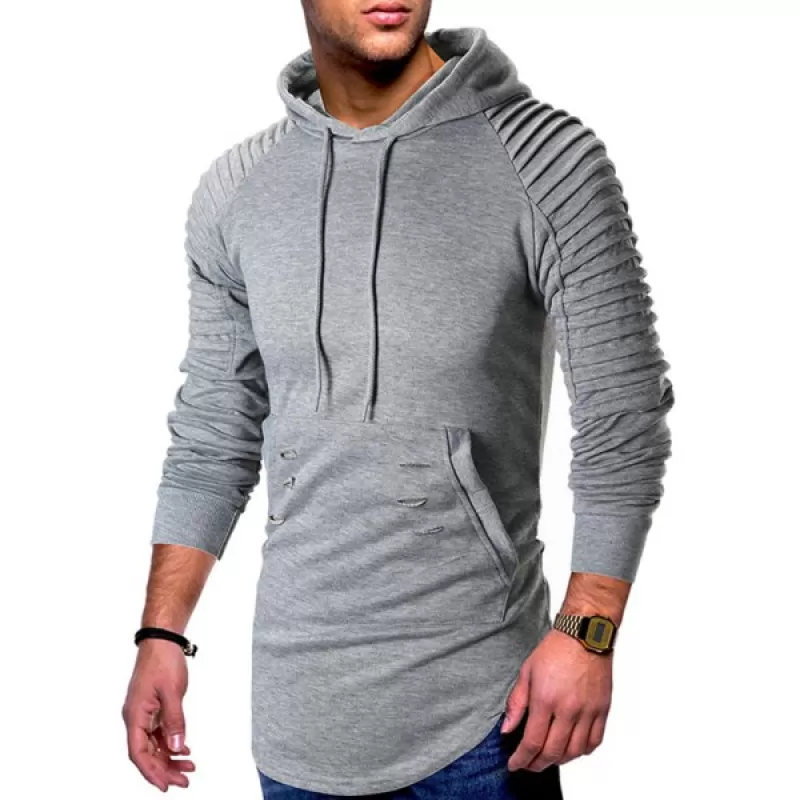 Pleated Raglan Sleeve Ripped Pullover Hoodie - Light Gray