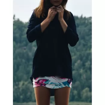 Plunging Neck Long Sleeve Solid Color Loose-Fitting Women's Blouse - Cadetblue