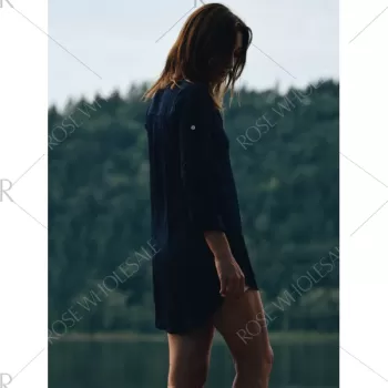 Plunging Neck Long Sleeve Solid Color Loose-Fitting Women's Blouse - Cadetblue