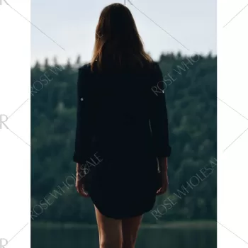 Plunging Neck Long Sleeve Solid Color Loose-Fitting Women's Blouse - Cadetblue