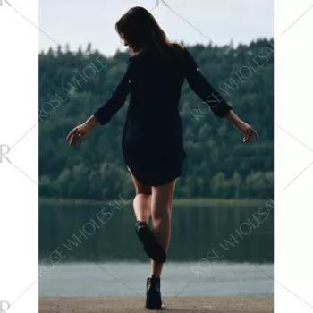 Plunging Neck Long Sleeve Solid Color Loose-Fitting Women's Blouse - Cadetblue