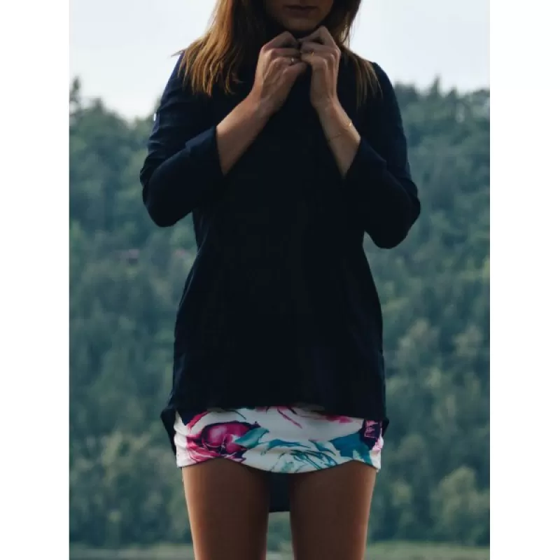 Plunging Neck Long Sleeve Solid Color Loose-Fitting Women's Blouse - Cadetblue