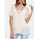 Plunging Neckline Chiffon Embroidered Blouse - Warm White