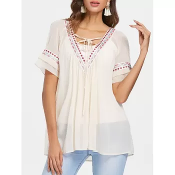 Plunging Neckline Chiffon Embroidered Blouse - Warm White