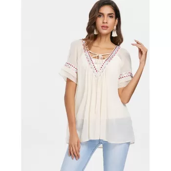 Plunging Neckline Chiffon Embroidered Blouse - Warm White