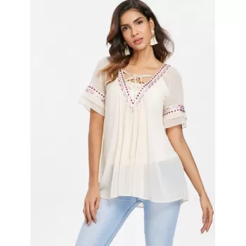 Plunging Neckline Chiffon Embroidered Blouse - Warm White