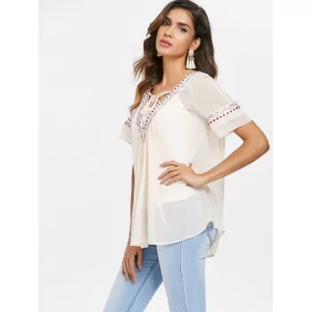 Plunging Neckline Chiffon Embroidered Blouse - Warm White