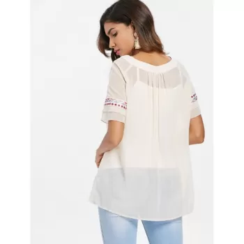 Plunging Neckline Chiffon Embroidered Blouse - Warm White