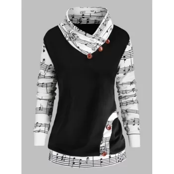 Plus Size Music Note Print Bowknot Embellished Sweatshirt - Black