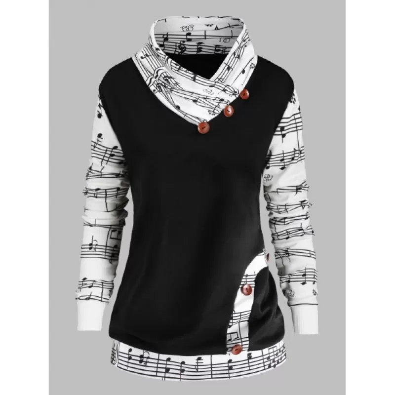 Plus Size Music Note Print Bowknot Embellished Sweatshirt - Black