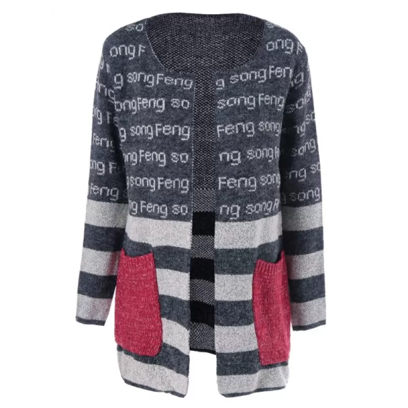 Pockets Graphic Striped Cardigan - Deep Gray One