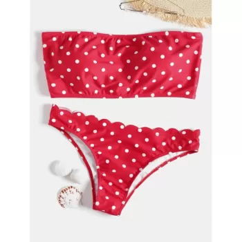 Polka Dot Bandeau calloped Bikini - Red