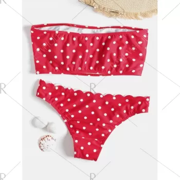 Polka Dot Bandeau calloped Bikini - Red