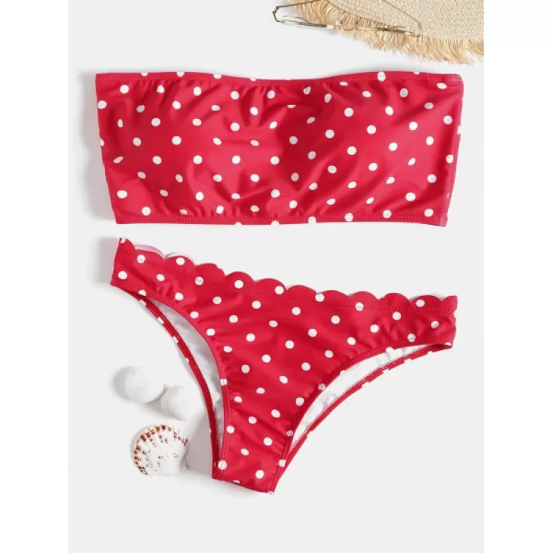 Polka Dot Bandeau calloped Bikini - Red