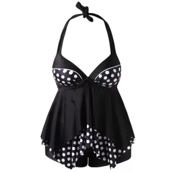 Polka Dot Halter Tankini Set - Black