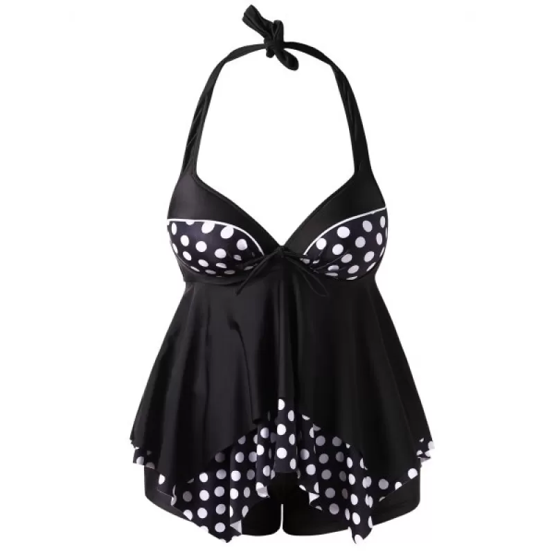 Polka Dot Halter Tankini Set - Black