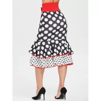Polka Dot High Waist Long Ruffled Skirt - Black