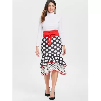 Polka Dot High Waist Long Ruffled Skirt - Black