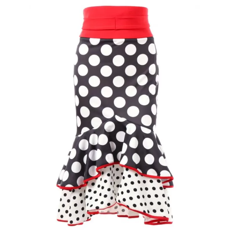 Polka Dot High Waist Long Ruffled Skirt - Black