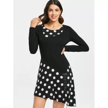Polka Dot Lace Up Tunic Dress - Black