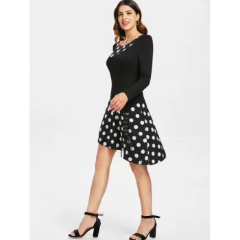 Polka Dot Lace Up Tunic Dress - Black