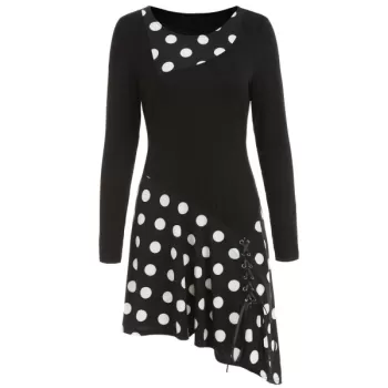 Polka Dot Lace Up Tunic Dress - Black