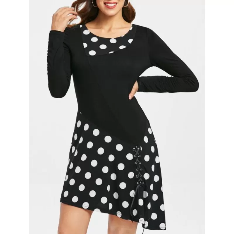 Polka Dot Lace Up Tunic Dress - Black