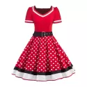 Polka Dot Striped Belted V Neck Dress - Red