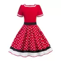 Polka Dot Striped Belted V Neck Dress - Red