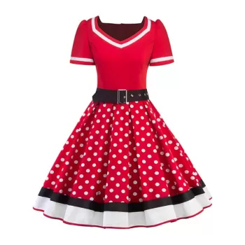 Polka Dot Striped Belted V Neck Dress - Red