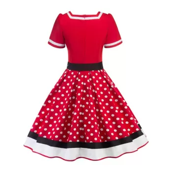 Polka Dot Striped Belted V Neck Dress - Red