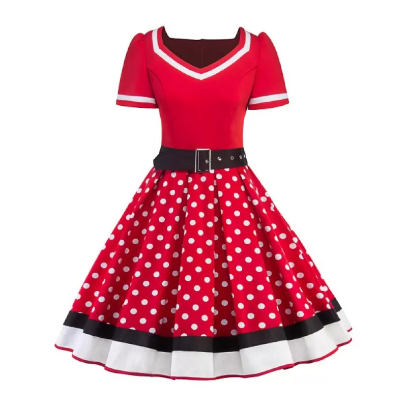 Polka Dot Striped Belted V Neck Dress - Red
