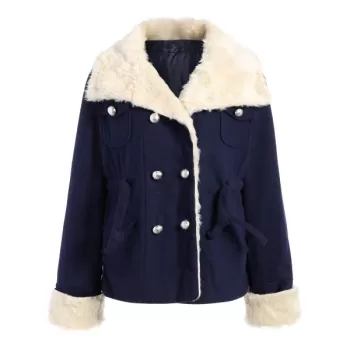 Preppy Style Turn-Down Collar Double-Breasted Thicken Long Sleeve Women's Coat - Purplish Blue